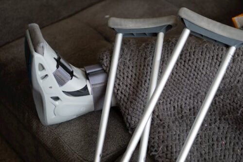crutches and leg cast